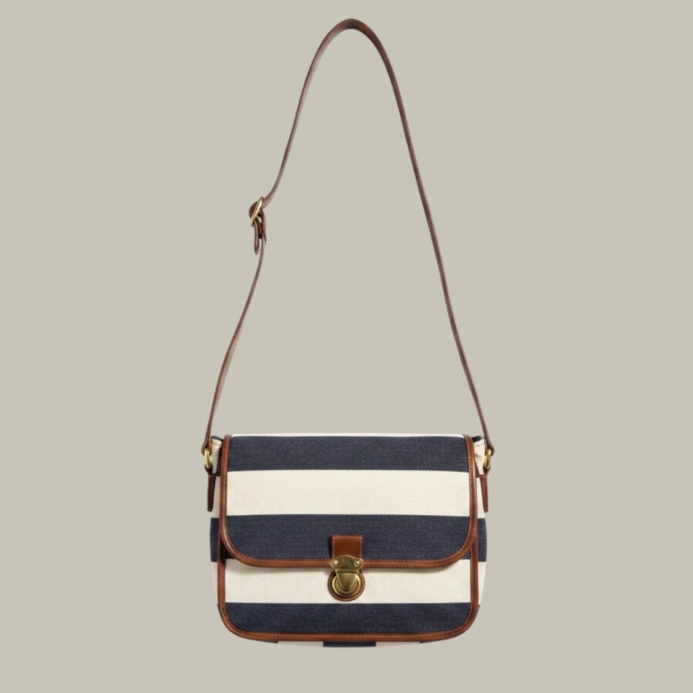 Nautical Preppy Vintage Crossbody Bag Bechamel M Navy Cream Striped Canvas